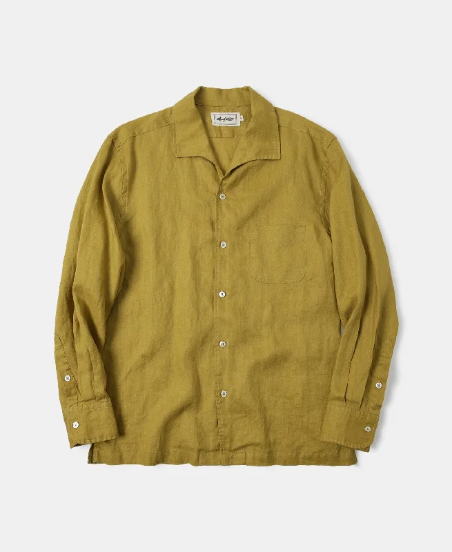 1950s Italian Collar Long-Sleeve Linen Shirt - Mustard