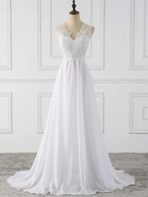 Elegant V-Neck Sleeveless Covered Button Ruffles Wedding Dresses