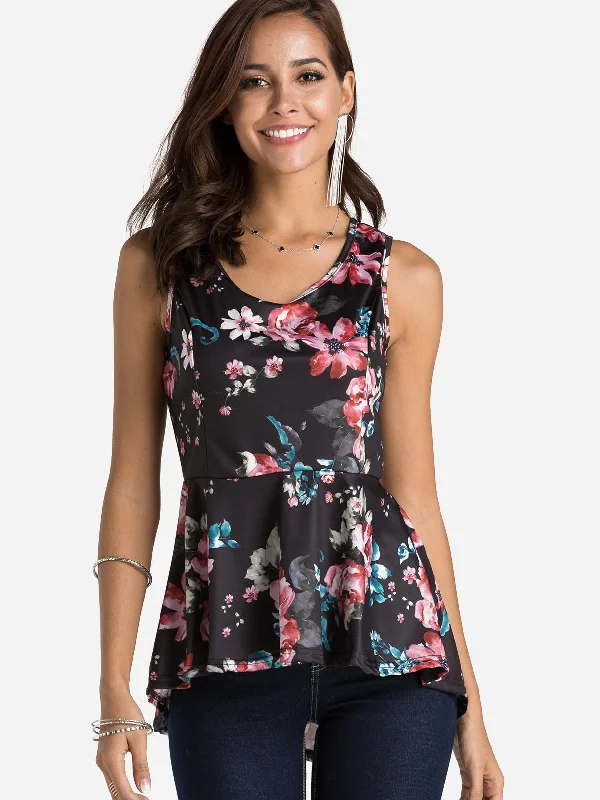 OEM ODM Round Neck Floral Print Sleeveless Flounced Hem Black Tank Top