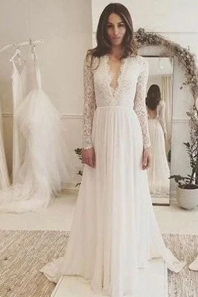 Plunging V-neckline Lace Chiffon Boho Wedding Dresses with Sleeves