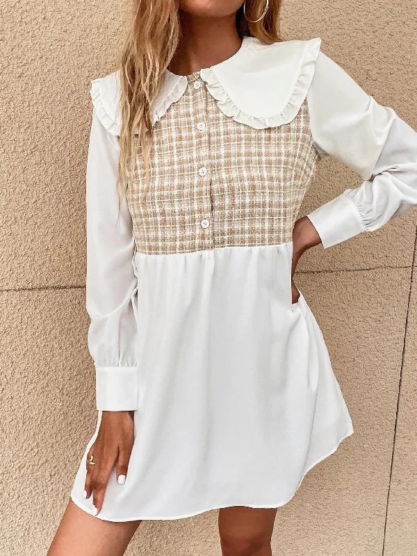 Plaid Button Front Long Sleeve Peter Pan Collar Flared High Waist Short Dress