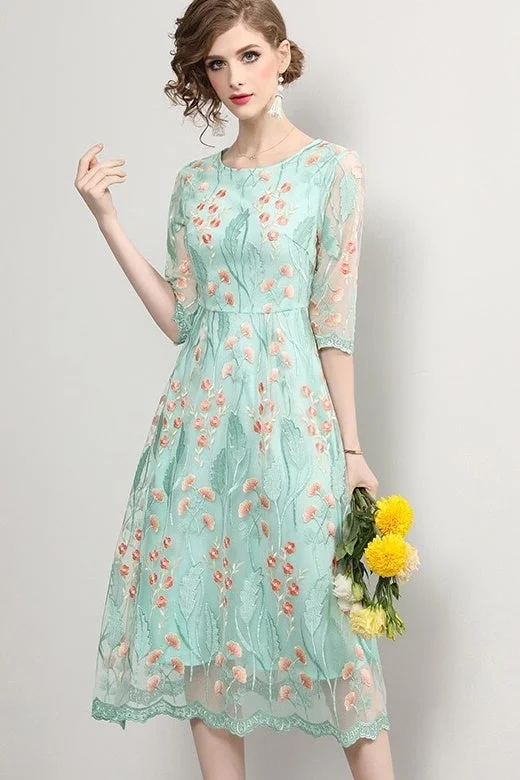 Floral Embroidered Dress W/ Lace Hem