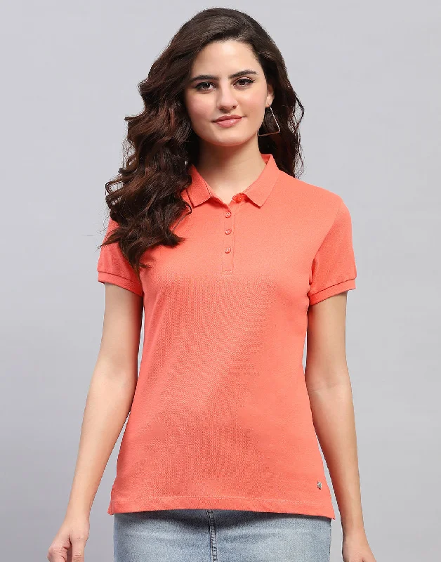 Women Coral Solid Collar Half Sleeve T-Shirt