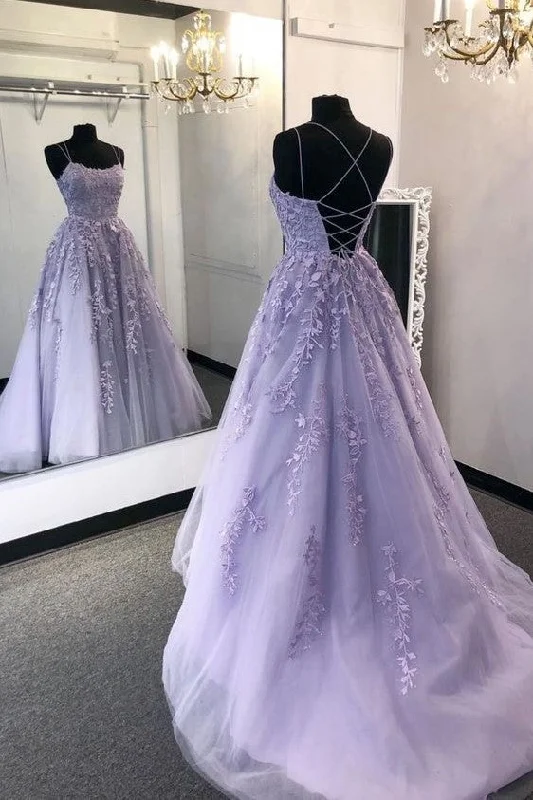 Floral Lace Lavender Prom Dresses with Strappy Back