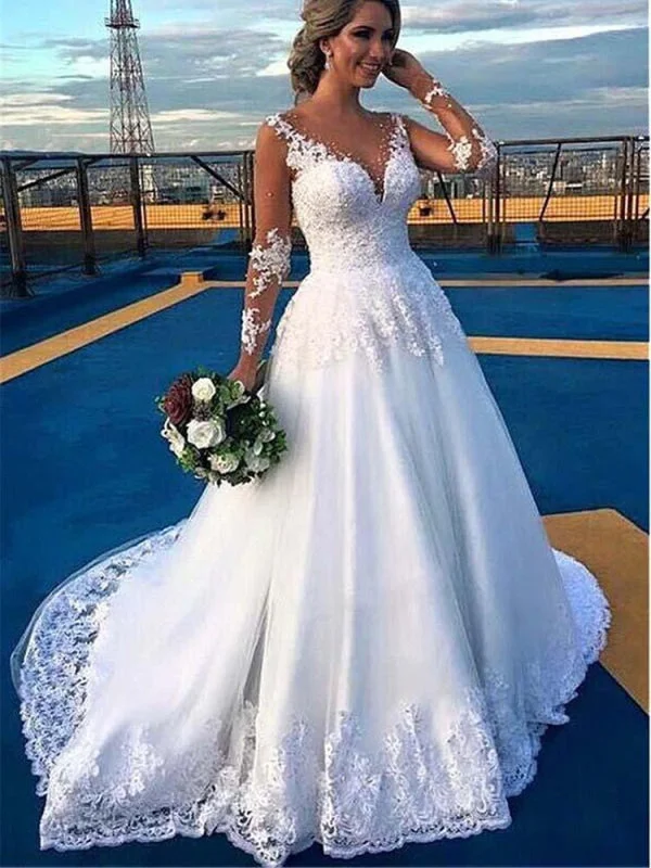 V-Neck Long Sleeves Covered Button Ball Gown Wedding Dresses