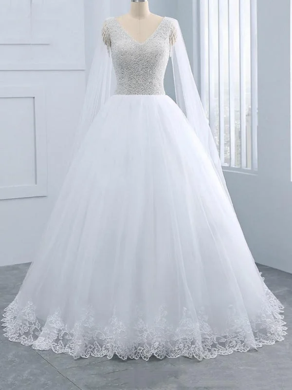 Beautiful V-neck Pearls Princess Wedding Dresses