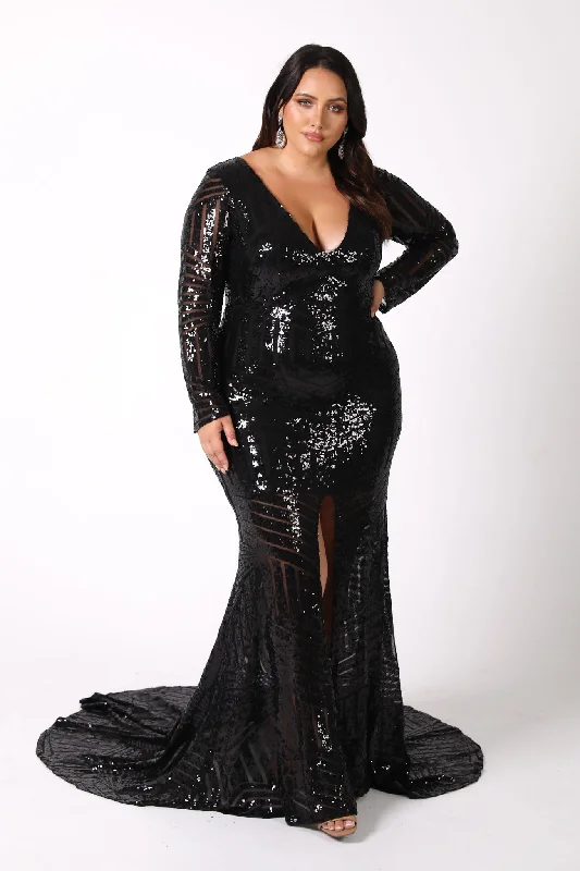 Georgia Long Sleeve Sequin Gown - Black