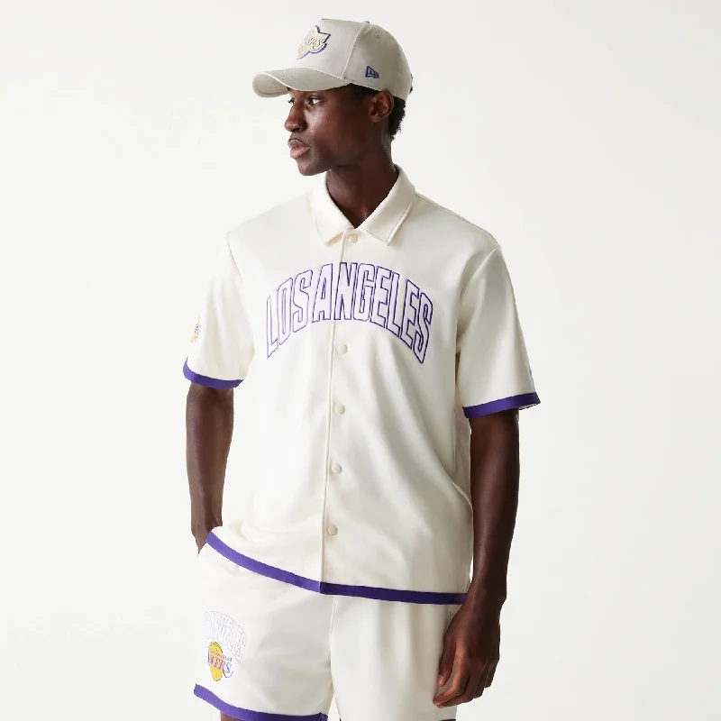 LA Lakers NBA Snap Button Open White Short Sleeve Shirt