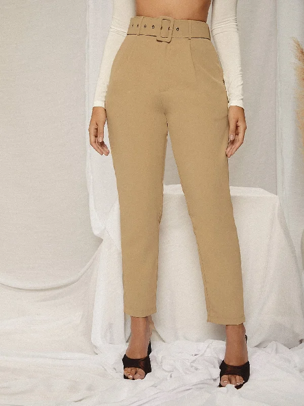 Elegant Plain Belted High Waist Cropped Women Pants