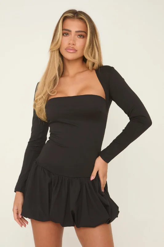 Black Square Neck Long Sleeves Puffball Mini Dress - Glenda