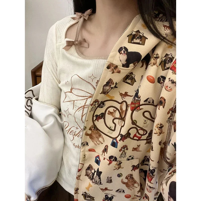 Deeptown Graphic Zip Up Kawaii Cropped Cute Pattern Vintage Y2K Hoody