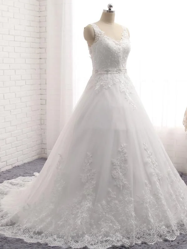 V-Neck Covered Button Ball Gown Wedding Dresses