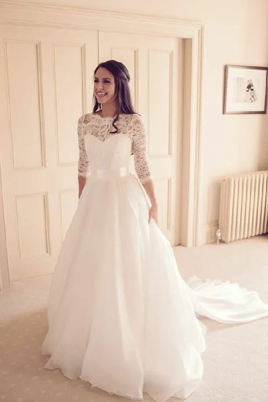 See-through Neckline Lace Ivory Wedding Dresses 3/4 Sleeves