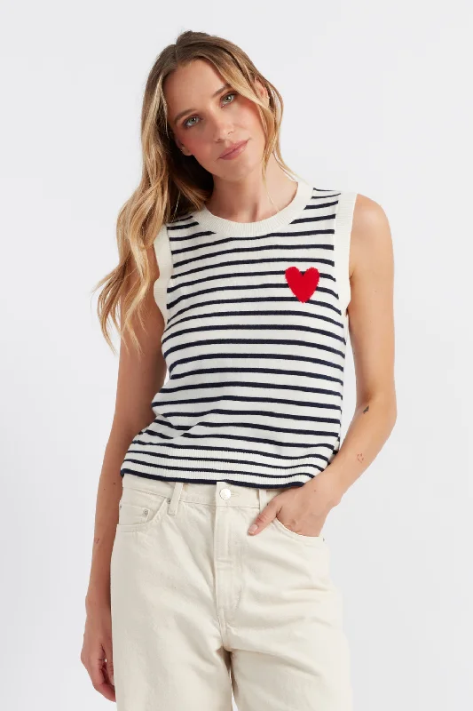 Cream-Navy Merino Heart Breton Tank