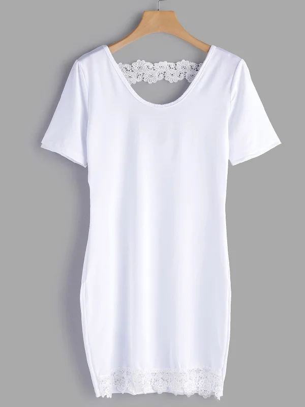 Wholesale White V-Neck Short Sleeve Plain Lace Backless Stitching Hem Mini Dress