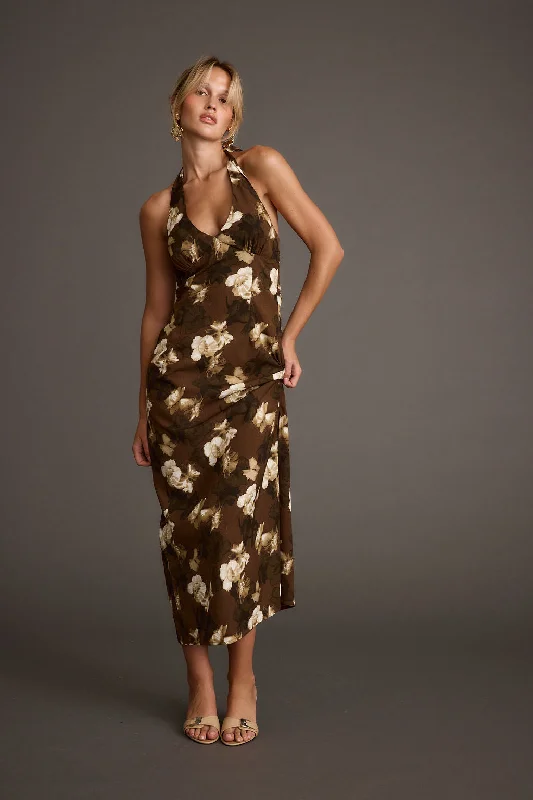 Audrina Brown Floral Halter Maxi Dress