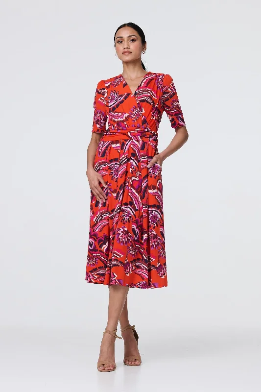 Tropical Print Faux Wrap Midi Dress