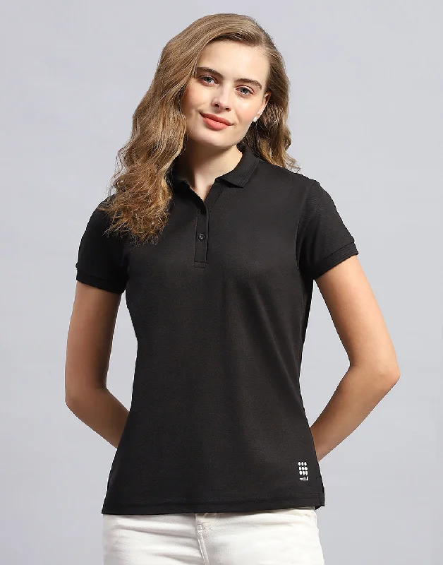 Women Black Solid Polo Collar Half Sleeve T-Shirt