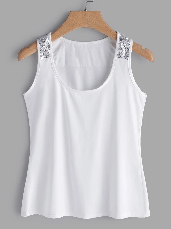 OEM ODM V-Neck Plain Sequins Embellished Sleeveless White Tank Top