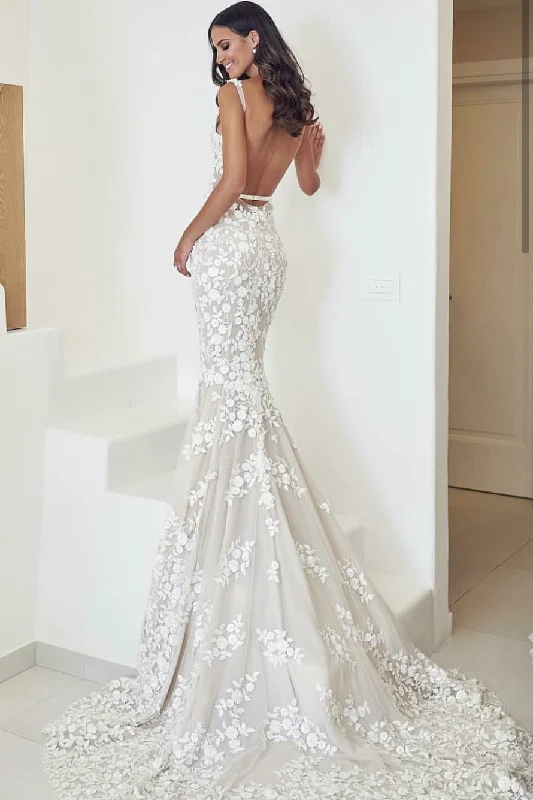 Backless Floral Lace Wedding Dresses with Mermaid Train