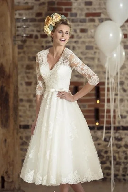 Vintage Lace Tea Length Wedding Dress with Sleeves