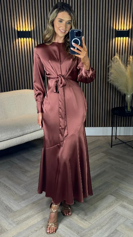 Kiana Dusky Pink Wrap Effect Long Sleeve Midi Dress