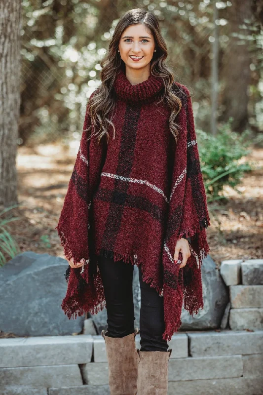 Sangria Burgundy Plaid Poncho