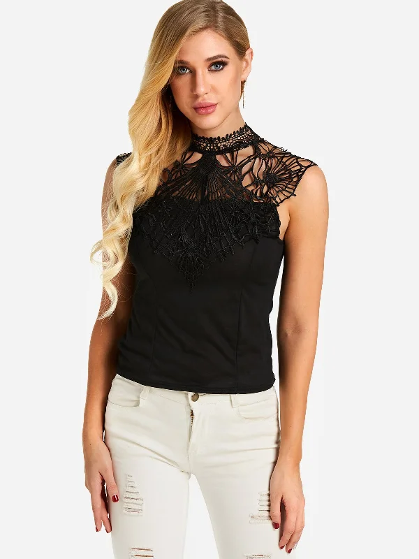 OEM ODM Halter Lace Cut Out Sleeveless Black Tank Top