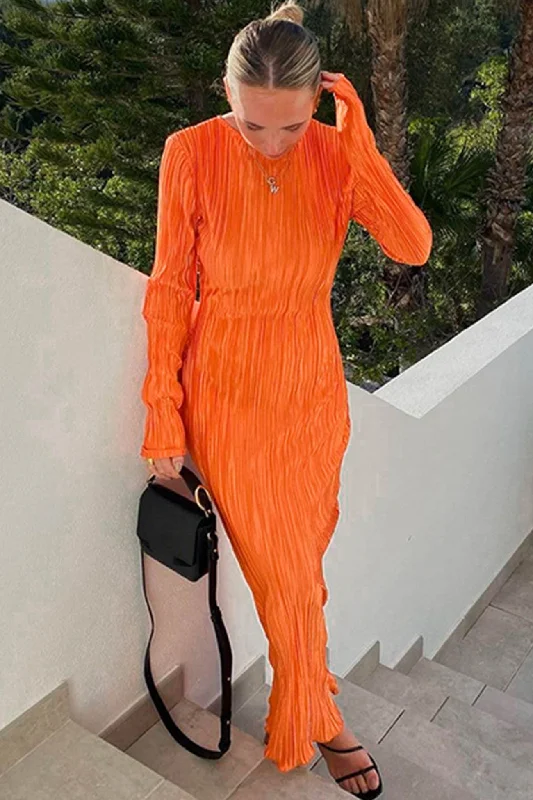 Solid Color Crew Neck Pleated Maxi Dress