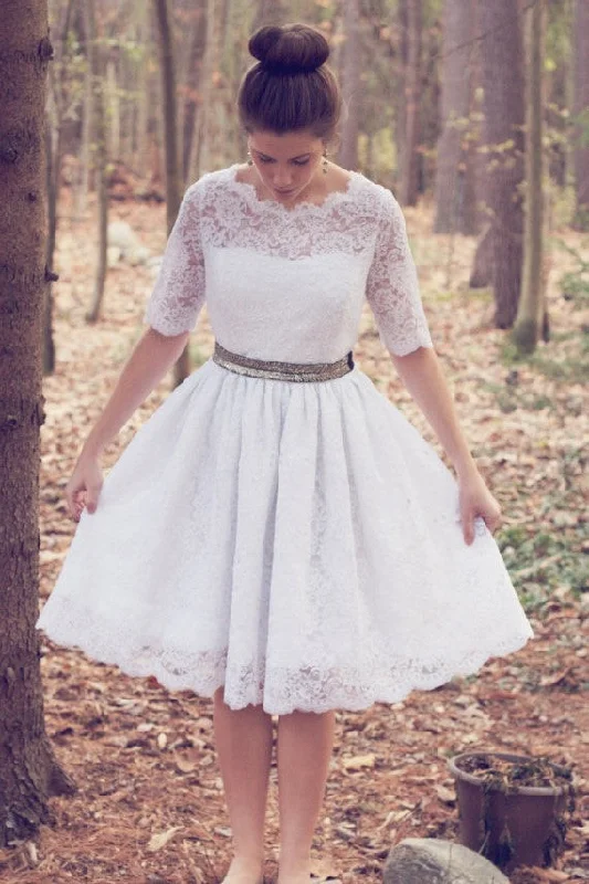 Knee-Length Wedding Dresses with Lace Short Sleeves