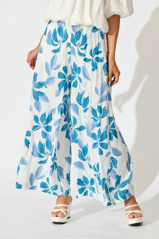 Eleanor Wide Leg Pant In White with Blue Floral