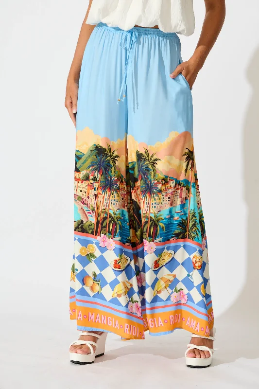 Lucia Pant In Light Blue with Multi Tropical Print