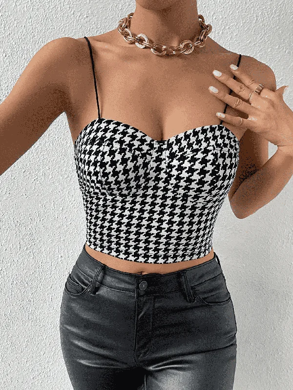 Cropped Sweetheart Neck Houndstooth Pattern Cami