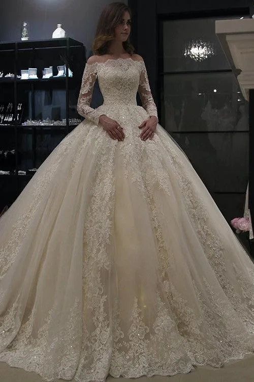 Long Sleeves Lace Wedding Dress Ball Gown Off-the-shoulder