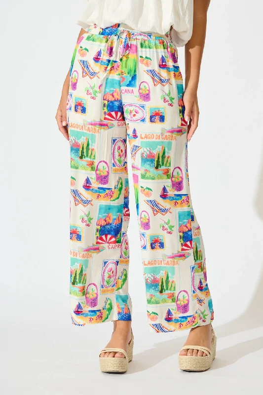 Eldrige Pant In White With Bright Resort Print