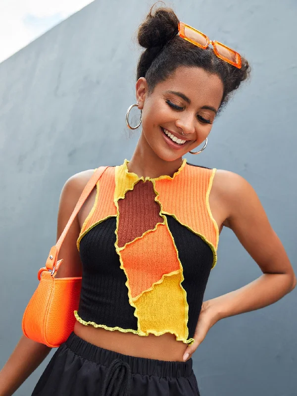 Casual Colorblock Contrast Binding Round Neck Crop Women Tank Top & Cami