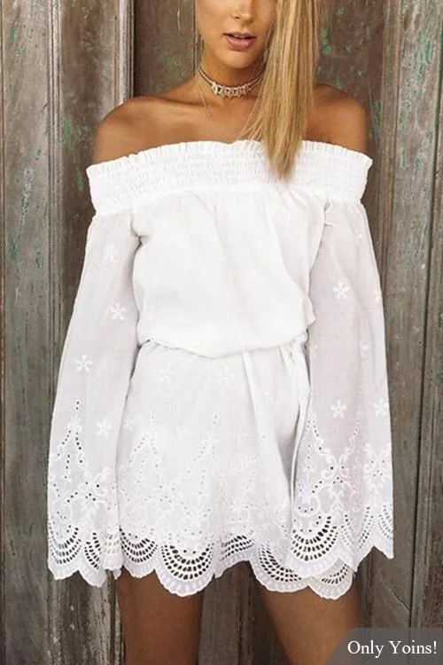 Wholesale White Off The Shoulder Long Sleeve Lace Mini Dress