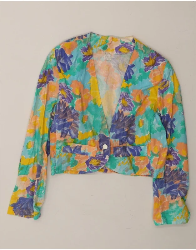 VINTAGE Womens Crop 1 Button Blazer Jacket UK 14 Medium Blue Floral Cotton