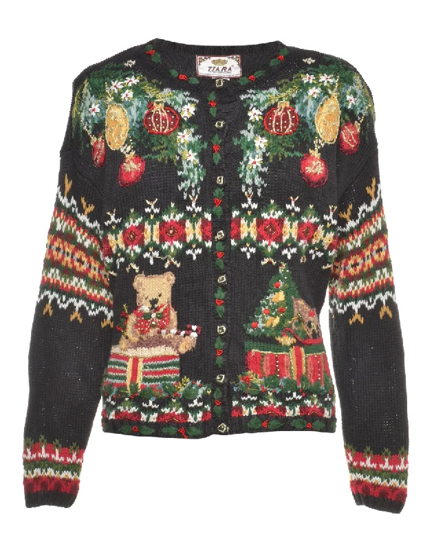 2000s Teddy Bear Design Christmas Cardigan - L