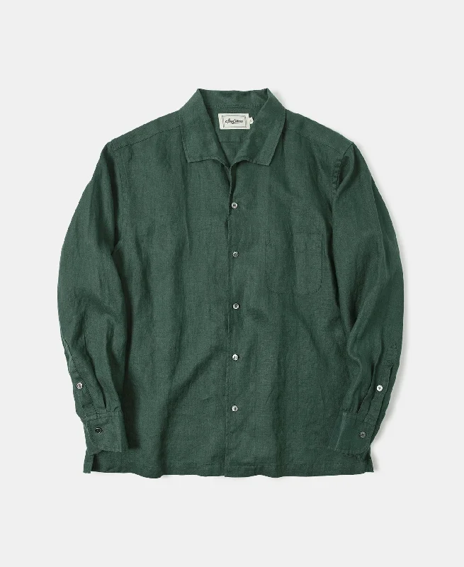 1950s Italian Collar Long-Sleeve Linen Shirt - Dark Green