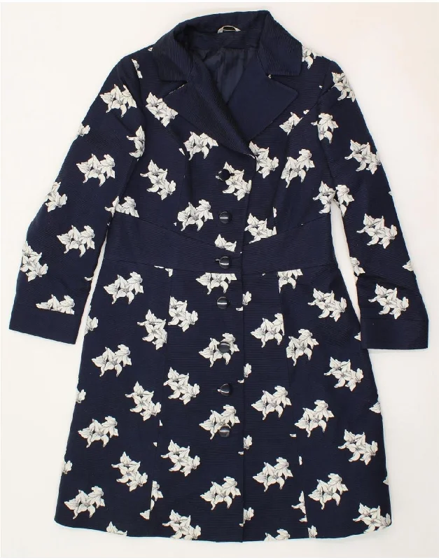 VINTAGE Womens Overcoat IT 46 Large Navy Blue Floral