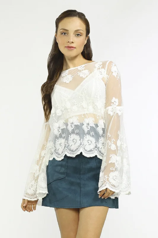 Sheer Lace Bell Sleeve Blouse