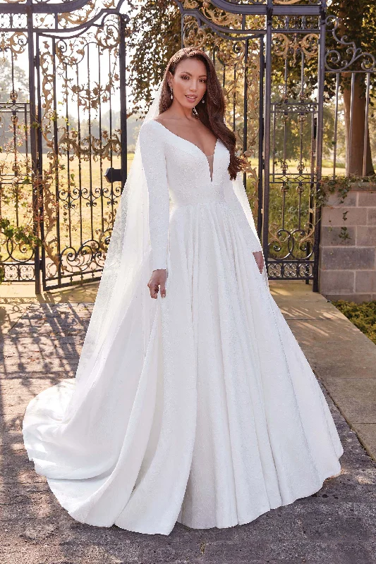 Show Sample: #44326 - Long Sleeves, High Waisted Brocade Fabric Ball Gown