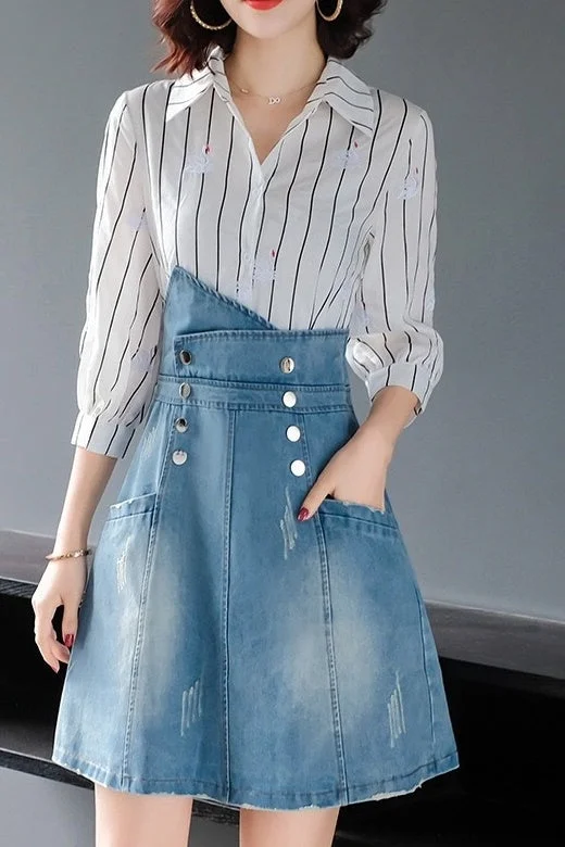 Embroidered Striped Denim Illusion Dress