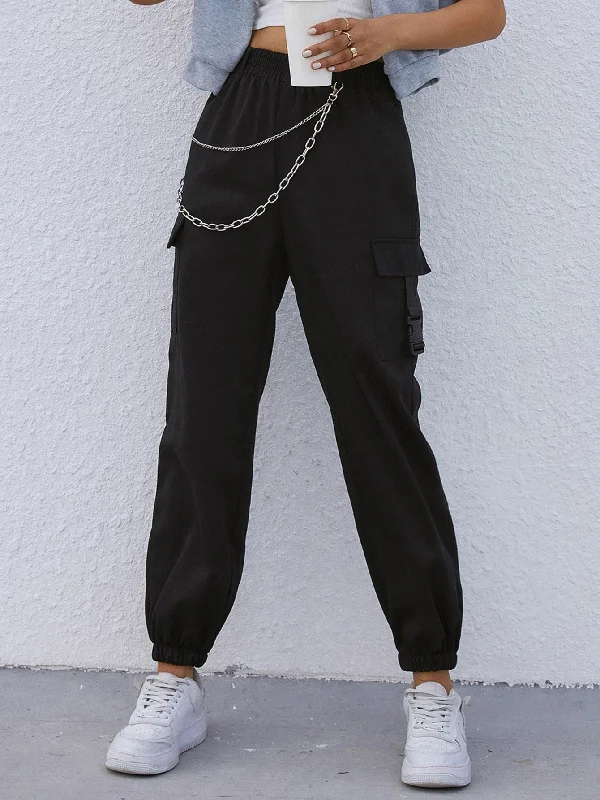 Casual Plain Pocket High Waist Long Women Pants