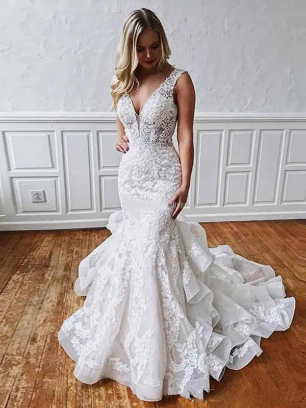 V Neck Sleeveless Backless Covered Button Mermaid Wedding Dresses