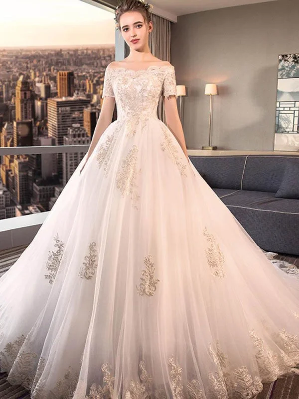 Elegant Off-the-Shoulder Lace Ball Gown Wedding Dresses