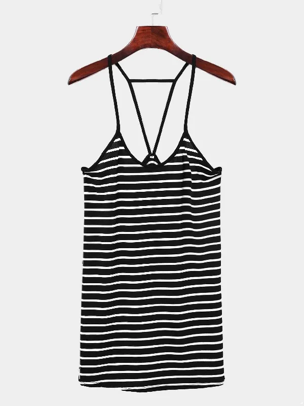 Wholesale V-Neck Sleeveless Stripe Backless Mini Dress