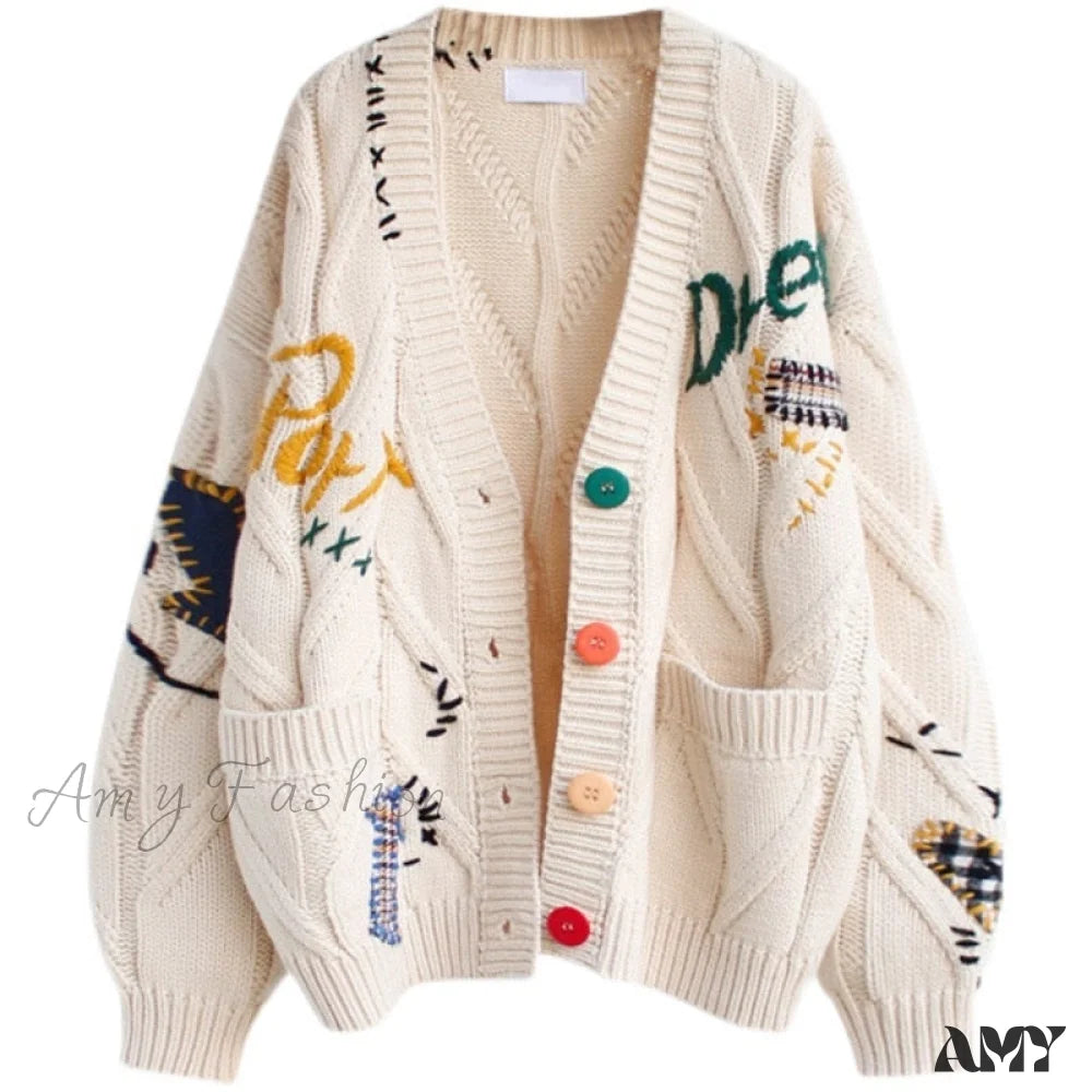 Amy Fashion - Jacket Loose Pocket Embroidery Fashion Knit Cardigan