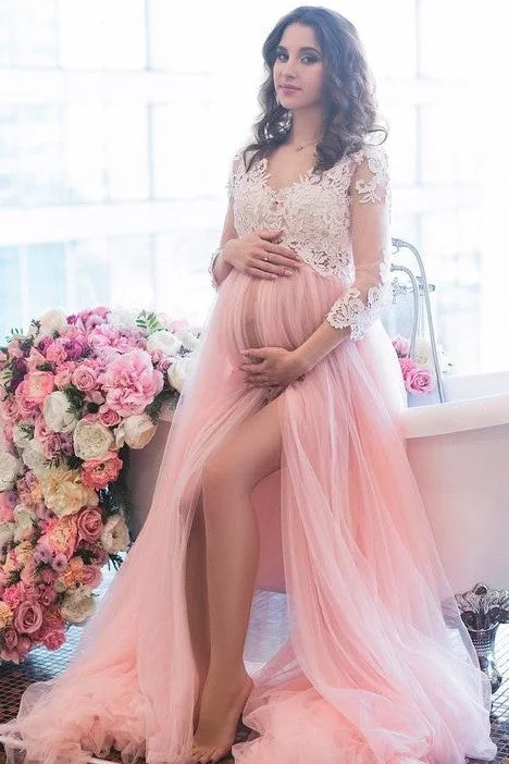 Blush Maternity Lace Dress for Photoshoot with Long Tulle Skirt